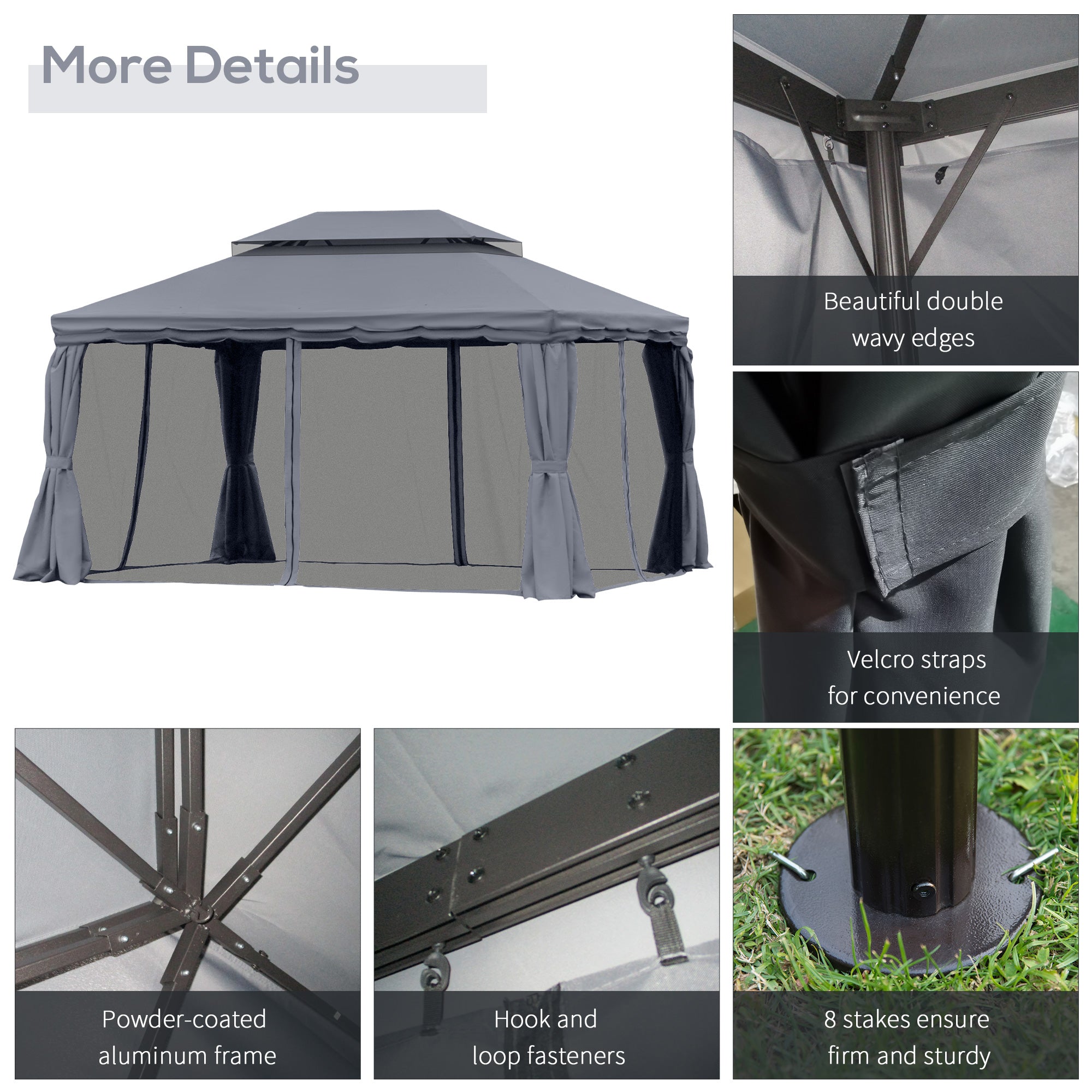 Outsunny Soft-top Gazebo 13x10ft Double Roof Canopy Vented Mesh Sidewall Aluminum Frame Dark Grey 