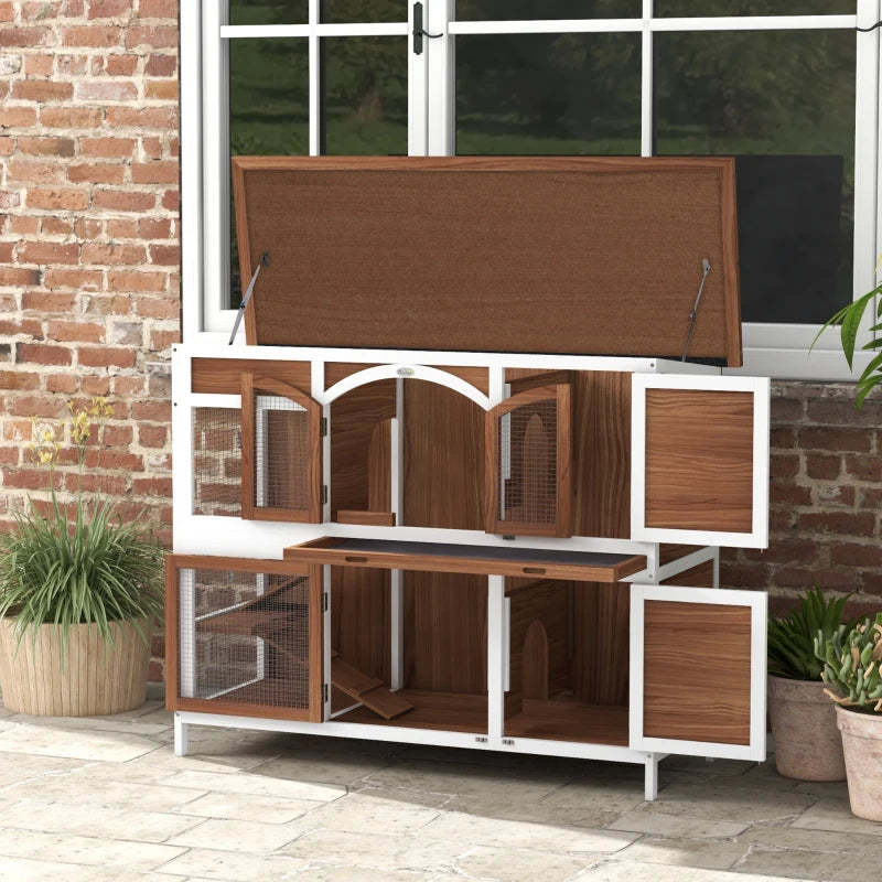 Two-Tier Wooden Rabbit Hutch with Openable Roof, Slide-Out Tray
