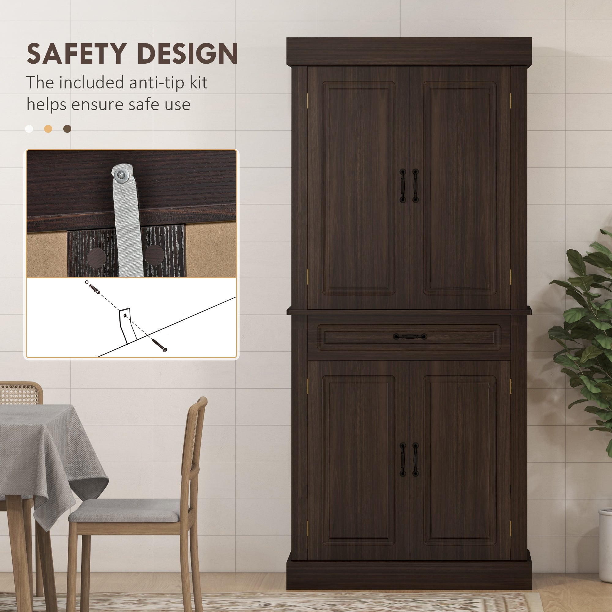 HOMCOM Coffee Wood Pantry Cabinet: 71" Tall Freestanding Kitchen Organizer with 4 Doors, 2 Cabinets & Drawer 