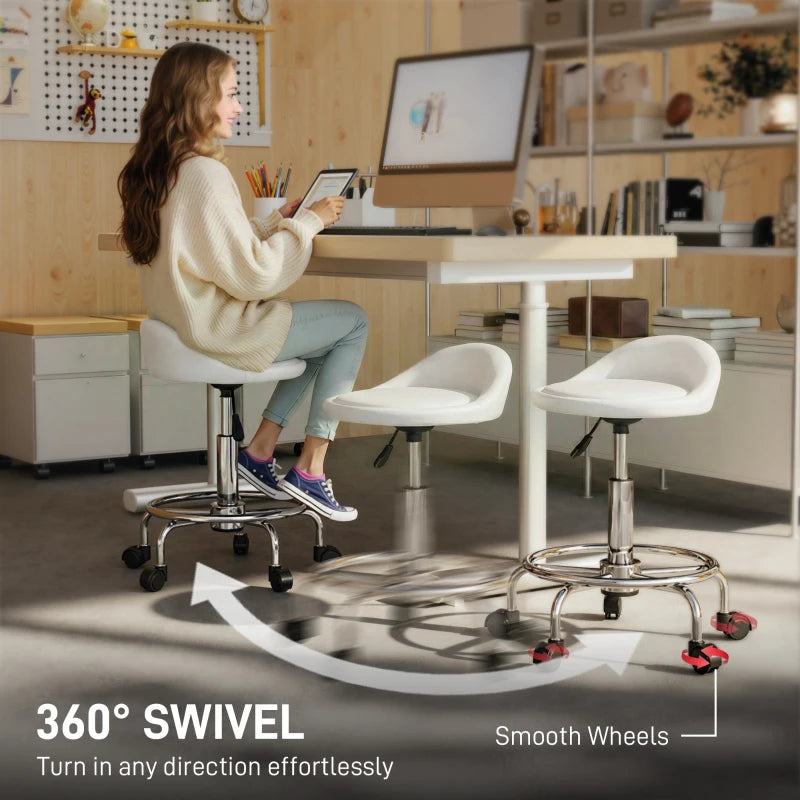 PU Leather Rolling Stool, Height Adjustable Swivel Salon Chair with Backrest and Foot Rest for Spa, Tattoo, White