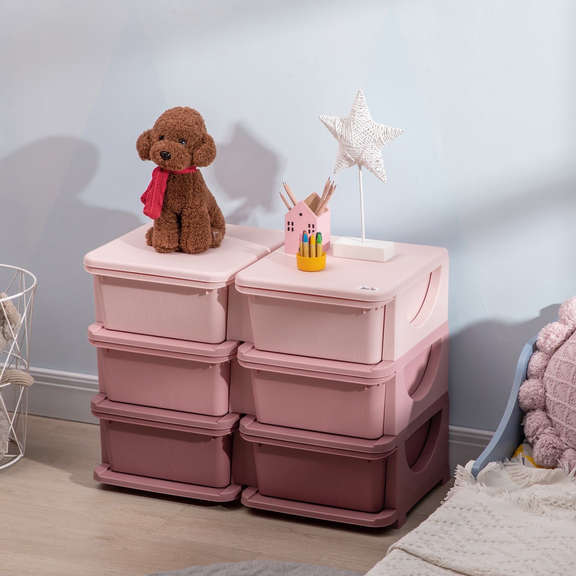 Qaba 3 Tier Kids Toy Organizer and Storage Bins with 6 Plastic Drawers, Pink 