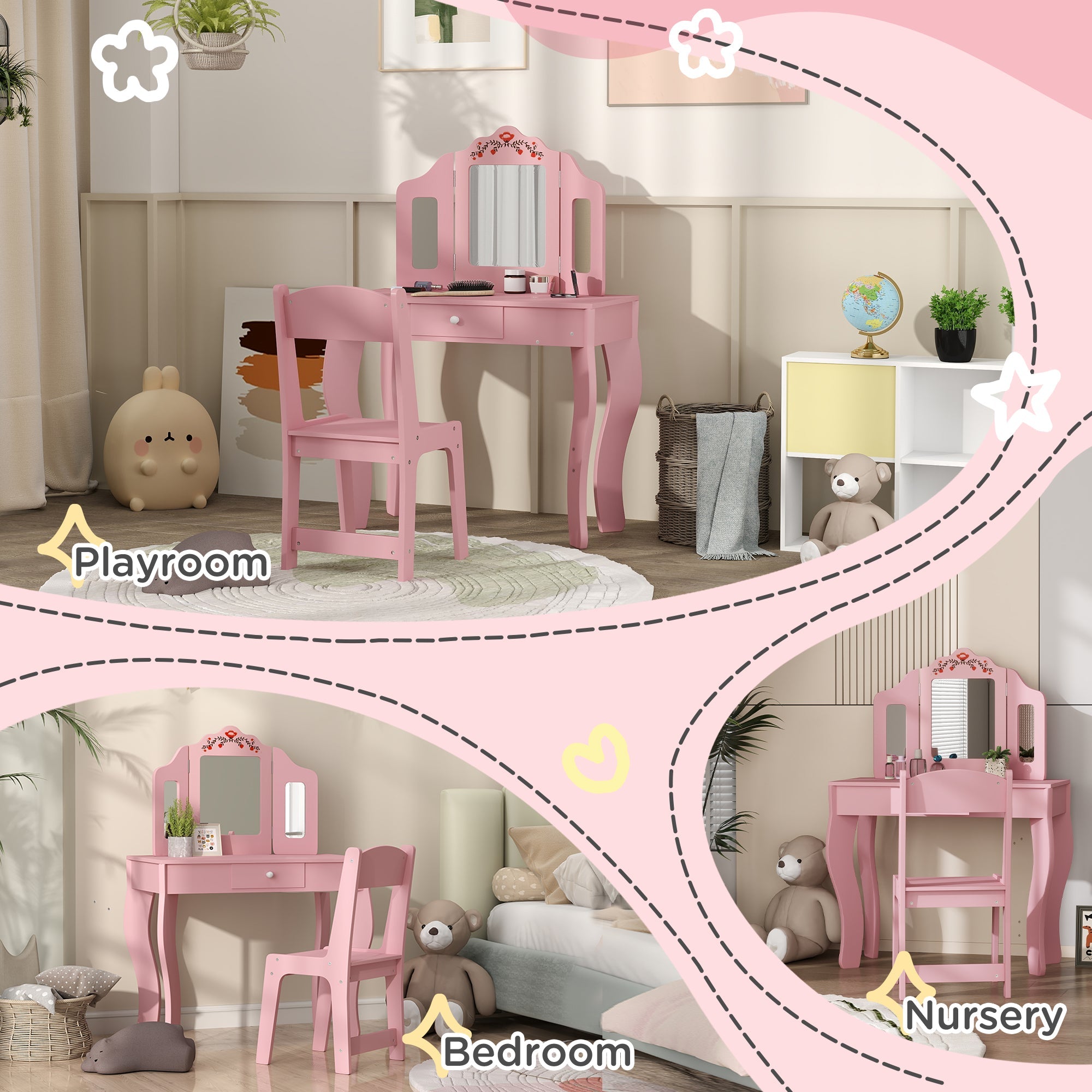 Qaba Kids Vanity Set, Dual-Use Dressing Table with Removable Tri-Folding Mirror and Drawer, for Ages 3-8, Pink 