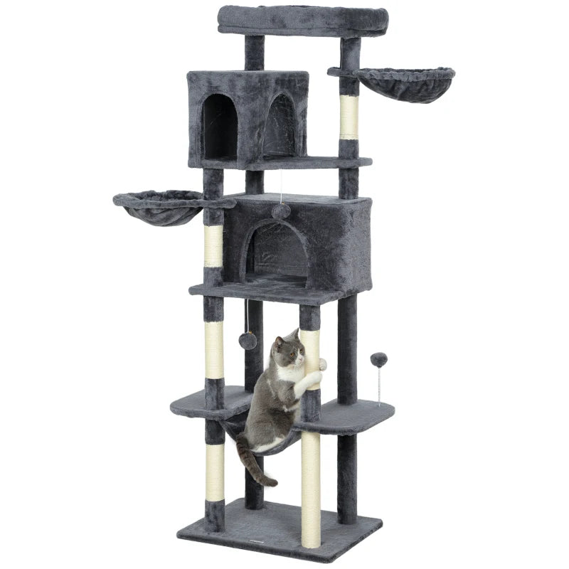 69" Cat Tree, Multi-Level Cat Tower with 2 Condos, Plush Perch and Sisal Scratching Posts, Dark Grey