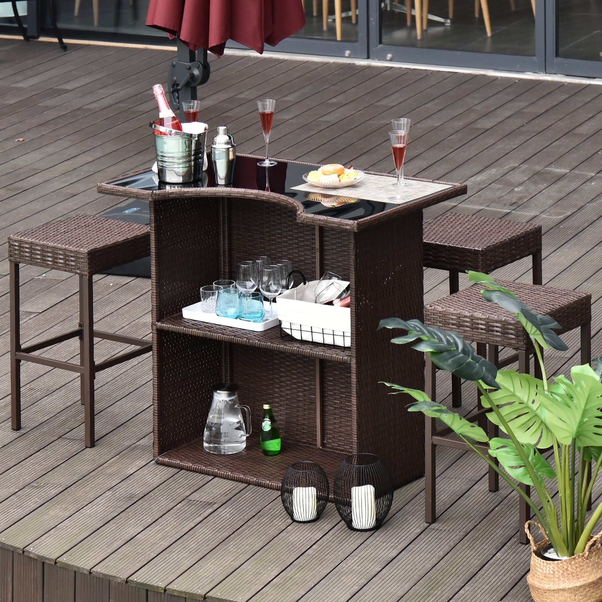 Outsunny Patio Bar Set 5PC Rattan Bistro Set Garden Wicker Barstool and Table Outdoor Dinning Set Dark Brown 
