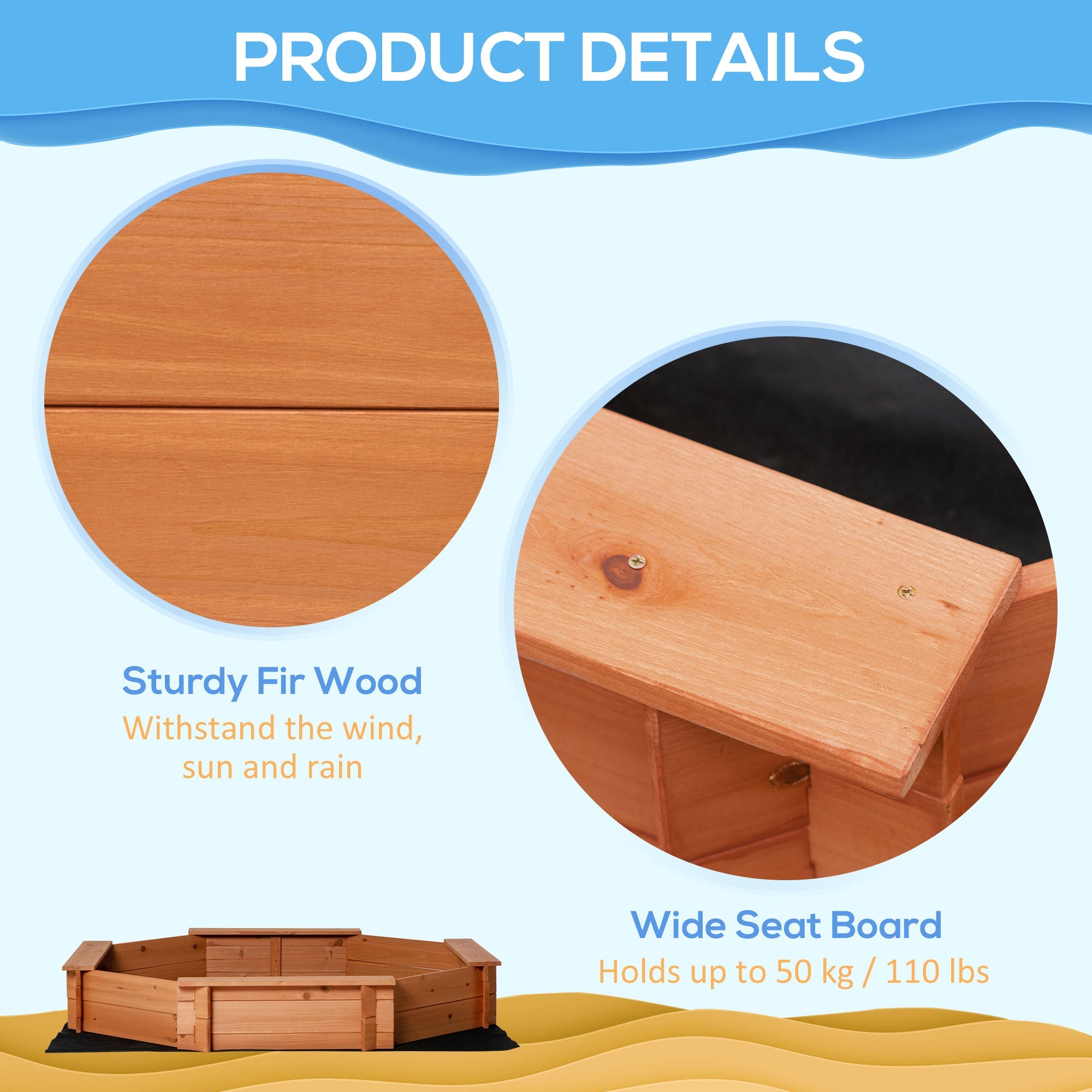 Outsunny Kids Wooden Octagon Sandbox, Outdoor Children Playset for Backyard, with polyester Cover, 55"x55"x8.5", Red 