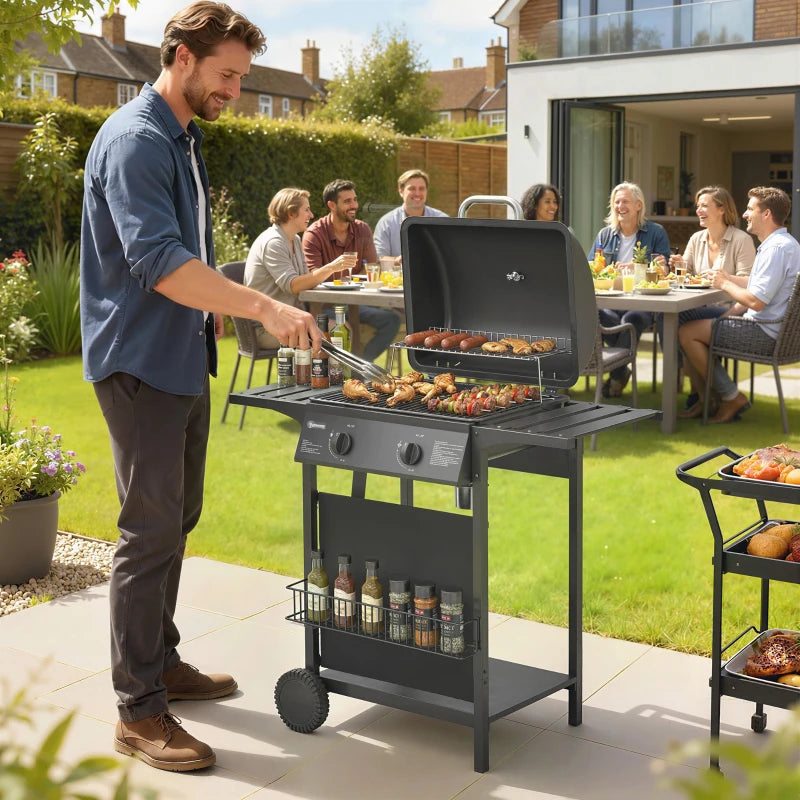 Outsunny 2-Burner Propane Gas Grill, 18000 BTU BBQ Grill with Wheels, Warming Rack, Shelf, Thermometer, Grease Cup, Black
