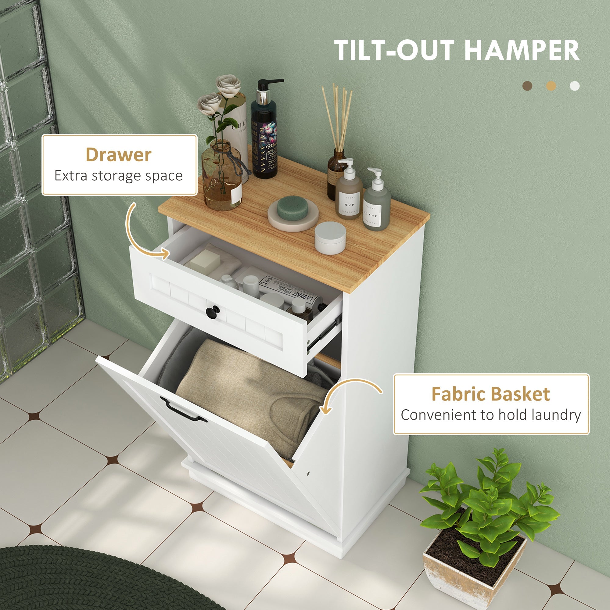 HOMCOM Modern Bathroom Storage Cabinet Hamper Fabric Basket Drawer Washroom Laundry Room White 