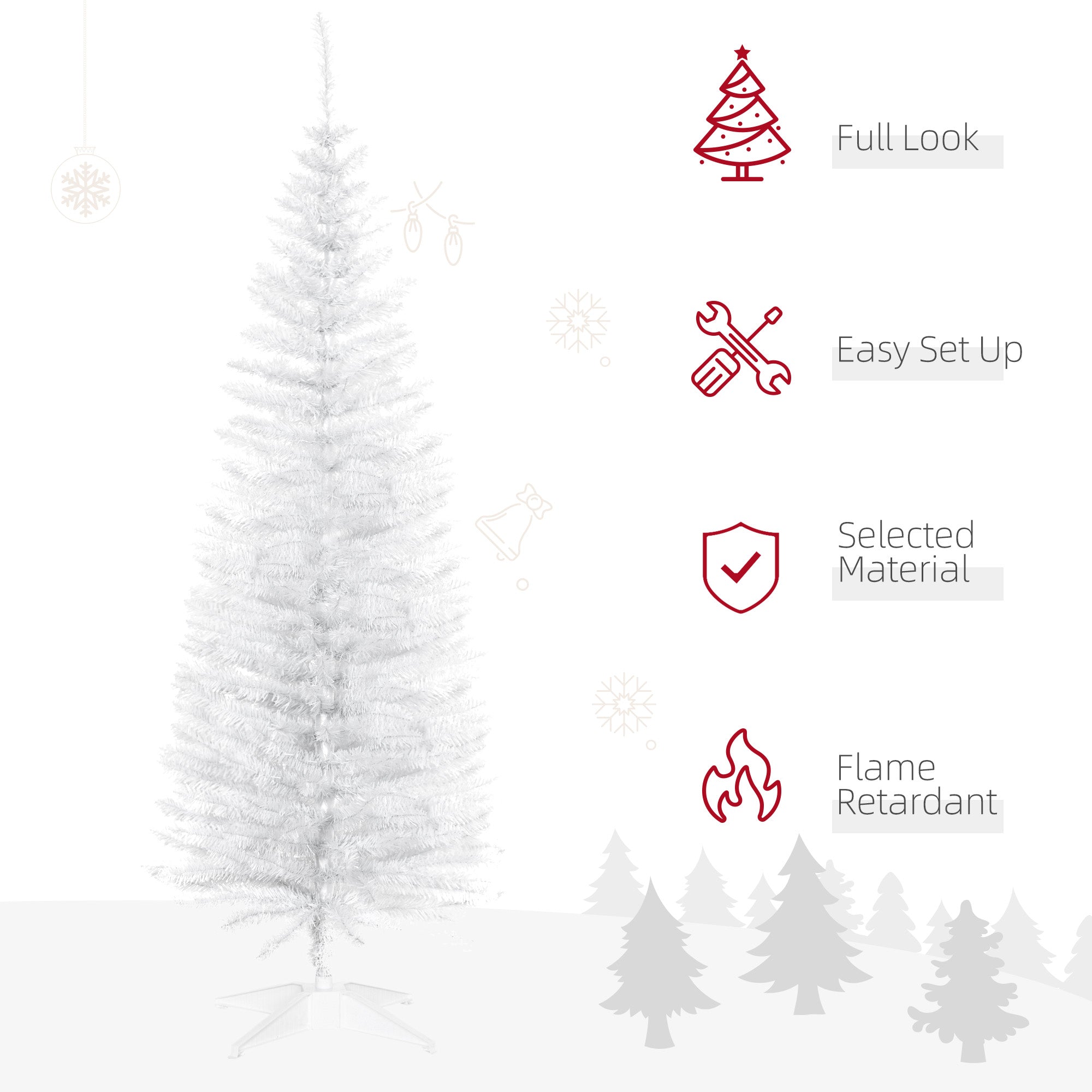 HOMCOM 5FT Artificial Christmas Tree, Pencil Christmas Tree with Realistic Branches, Stable Stand, White 