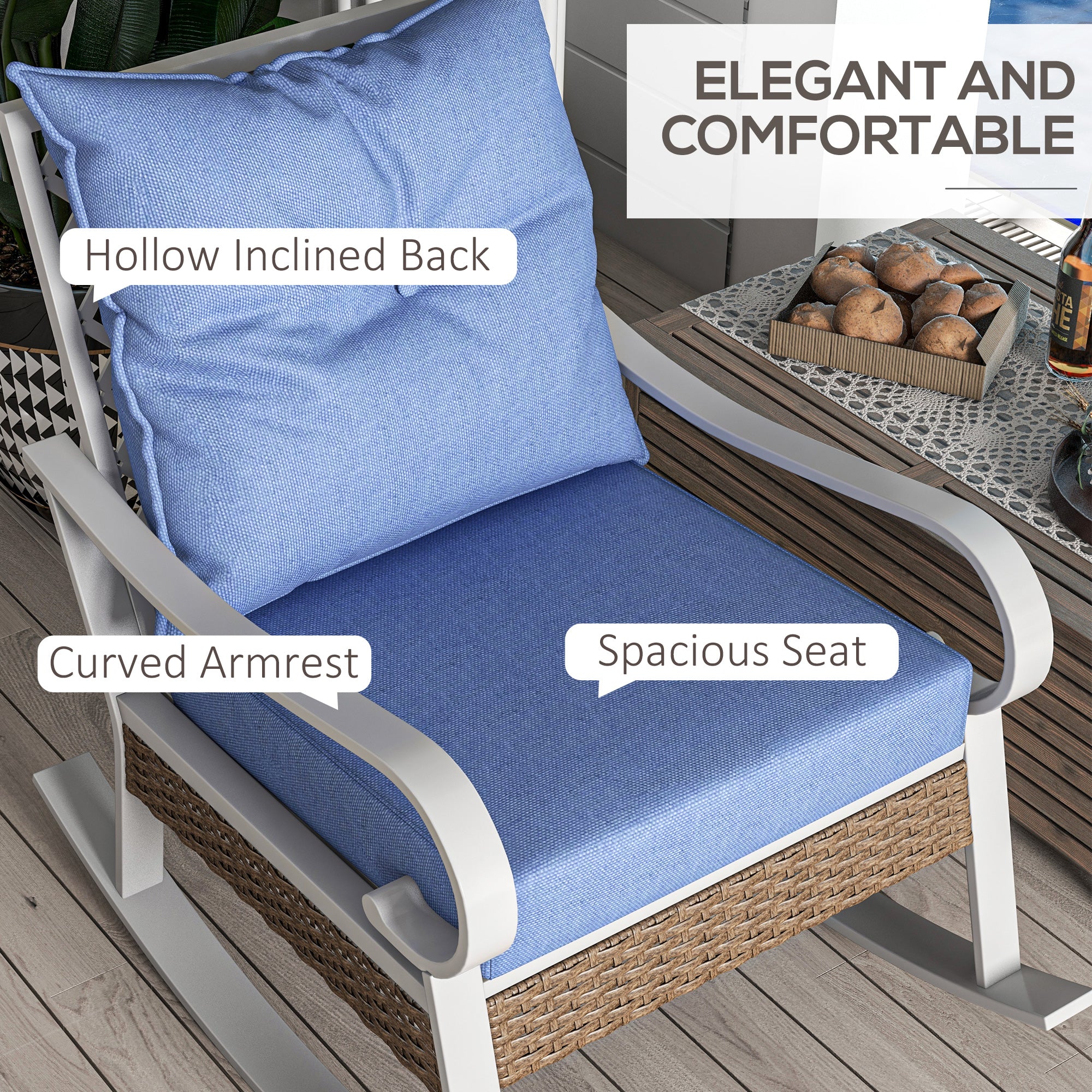 Outsunny Rattan Relaxation: Outdoor Rocking Chair with Plush Cushion, Wide Seat, Inclined Back for Garden, Balcony, Light Blue Finish 