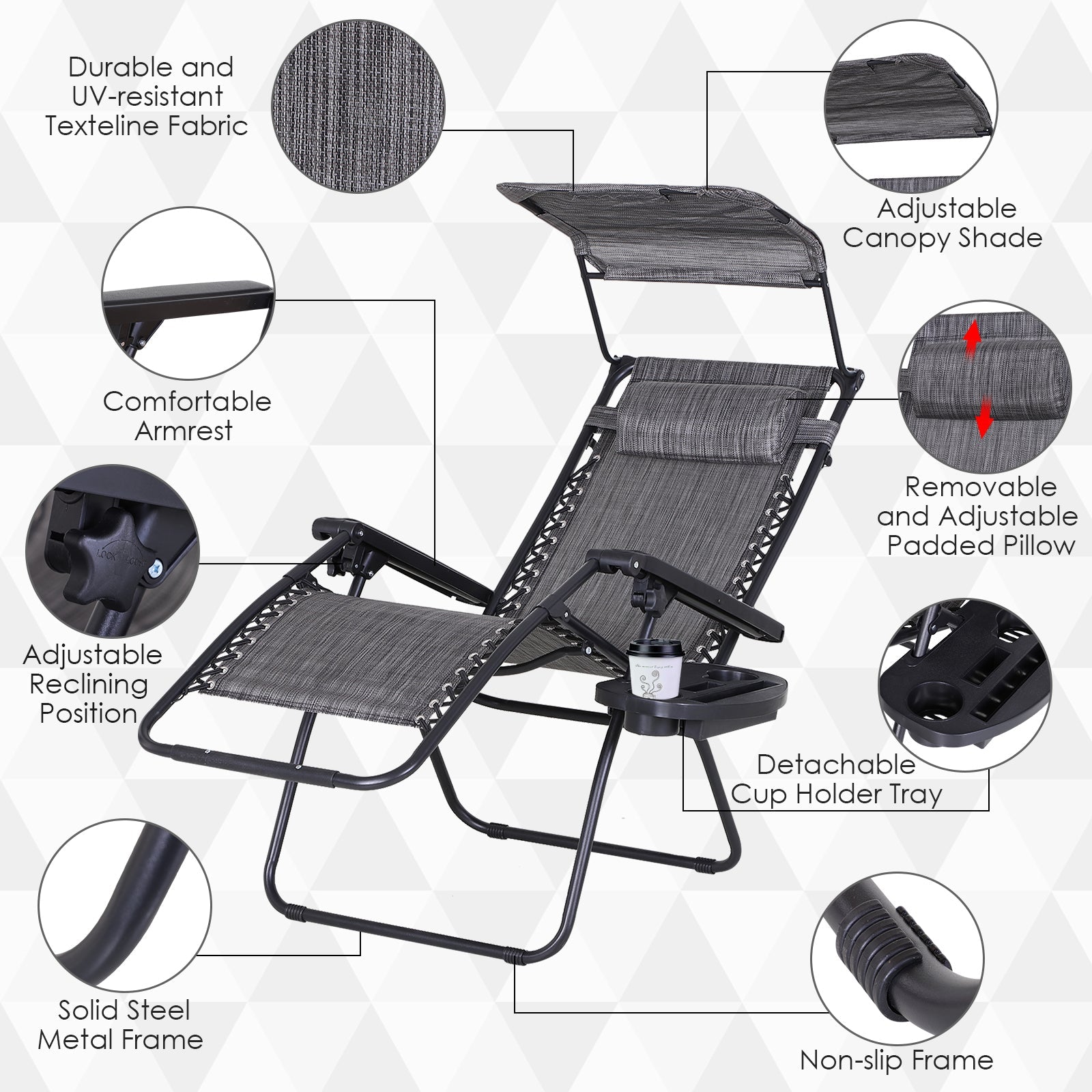 Outsunny 2-Piece Zero Gravity Chair, Adjustable Patio Lounge Chair Reclining Seat W/ Cup Holder & Canopy Shade Dark, Grey 