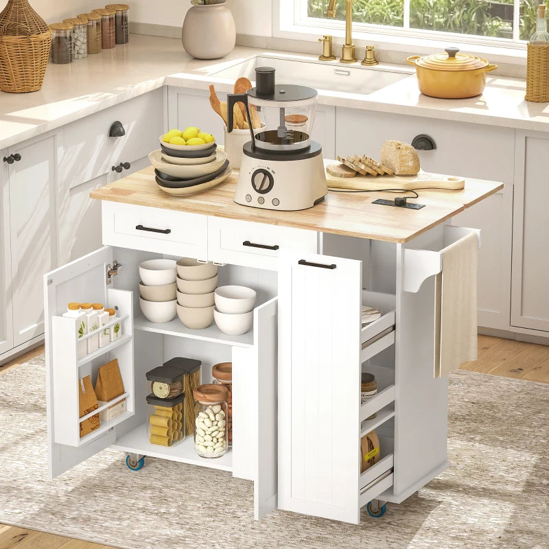 Kitchen Island on Wheels with Wood Drop Leaf, Charging Station, Rolling Kitchen Cart with Adjustable Shelf, White