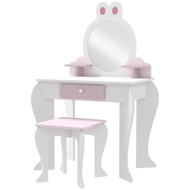 Qaba Kids Makeup Vanity Set with Stool, Mirror, Drawer, Storage Boxes, Rabbit Design, White