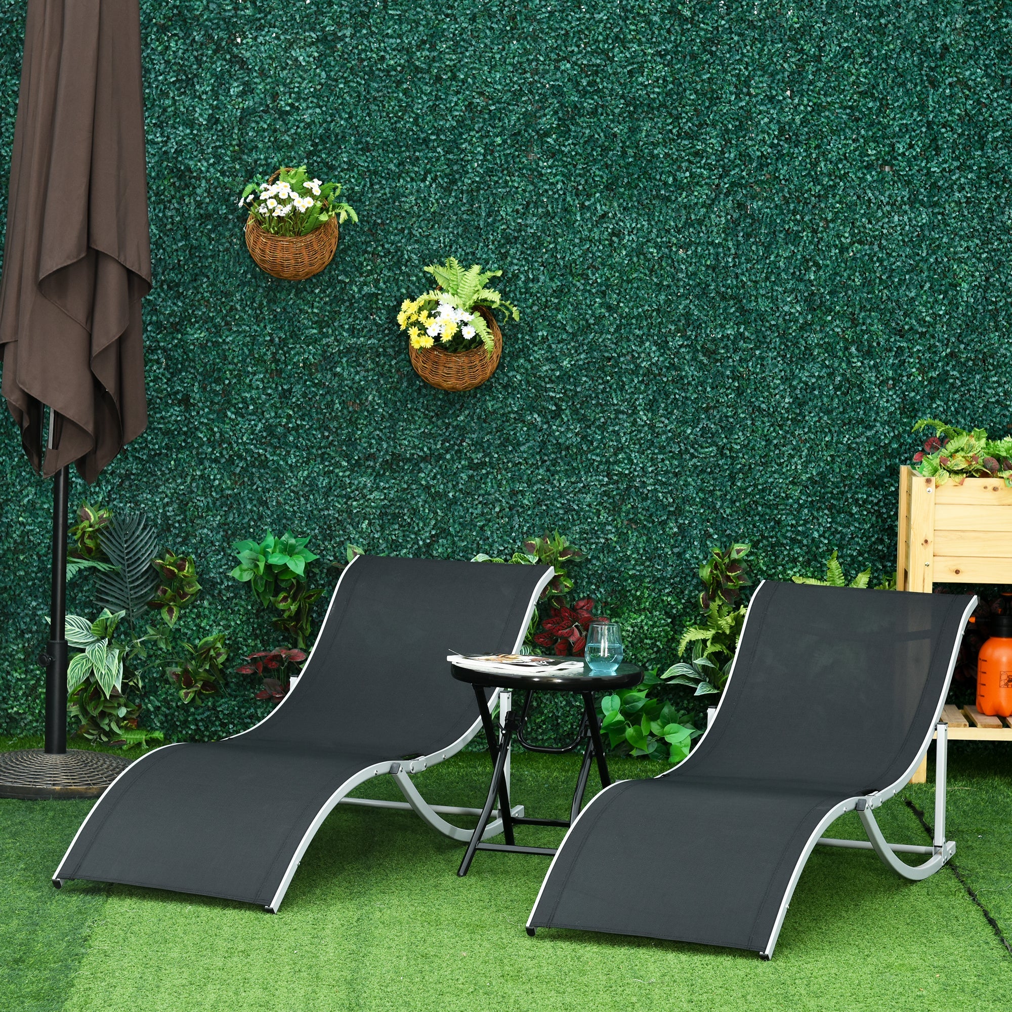 Outsunny 2-Pack S-shaped Reclining Lounge Chair: Foldable for Patio, Beach, Garden, Black, 264lbs Capacity 