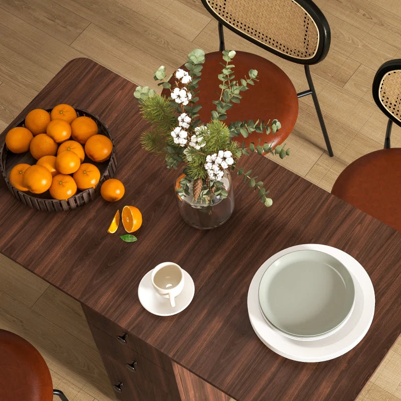 Drop Leaf Dining Table, Mobile Folding Table on Wheels with Drawers and Cabinet for Dining Room, Kitchen, Brown