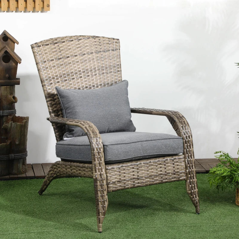 Wicker Adirondack Chair, PE Rattan Outdoor Fire Pit Chair Muskoka Chair with Cushions, Mixed Grey