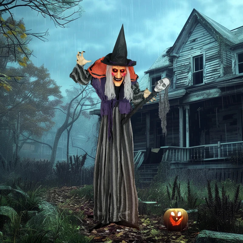 Outsunny Animatronic Standing Witch – Voice-Activated Halloween Prop with Skull Staff & Flashing Eyes 