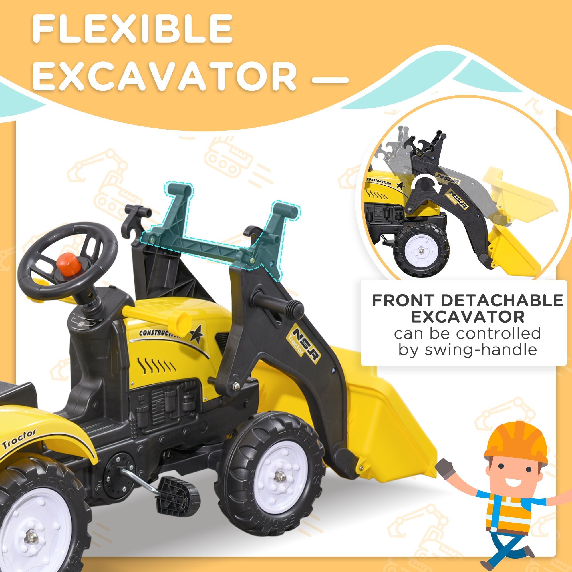 Aosom Front Loader Excavator Ride On Toy Pedal Control W/ 6 Wheels Controllable Bucket for 3-6 Years old 
