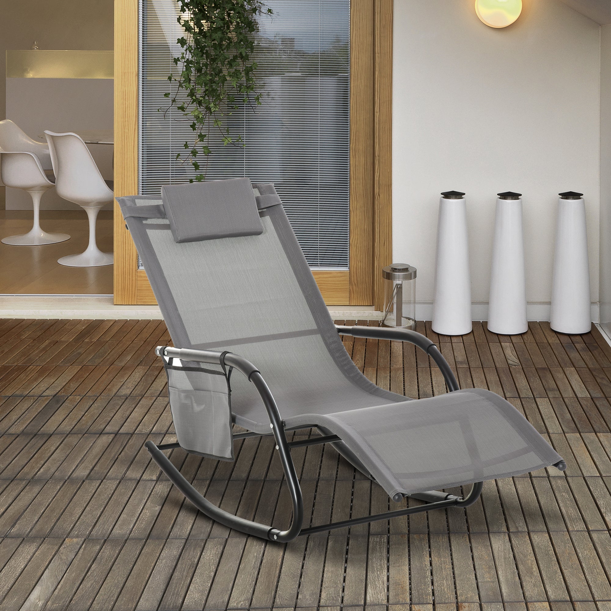 Outsunny Patio Rocking Recliner Chair Sling Fabric Sun Lounger with Headrest Side Pocket for Outdoor Garden Deck Grey 