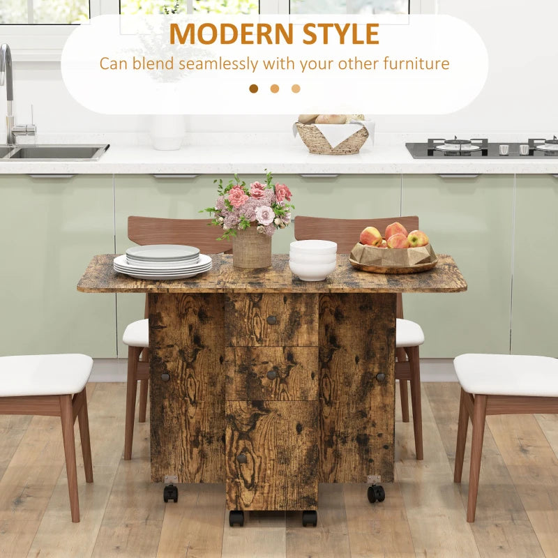 Drop Leaf Dining Table, Mobile Folding Table on Wheels with Drawers and Cabinet for Dining Room, Kitchen, Rustic Brown