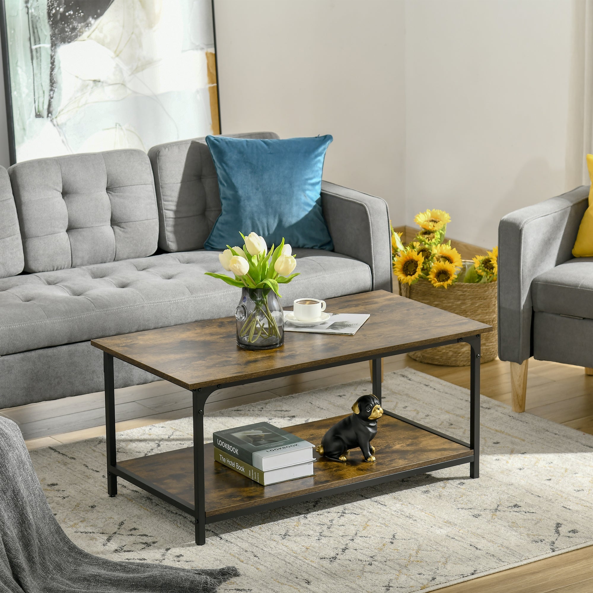 HOMCOM Rustic Brown Industrial Coffee Table: 2-Tier Center Table with Storage Shelf for Living Room 