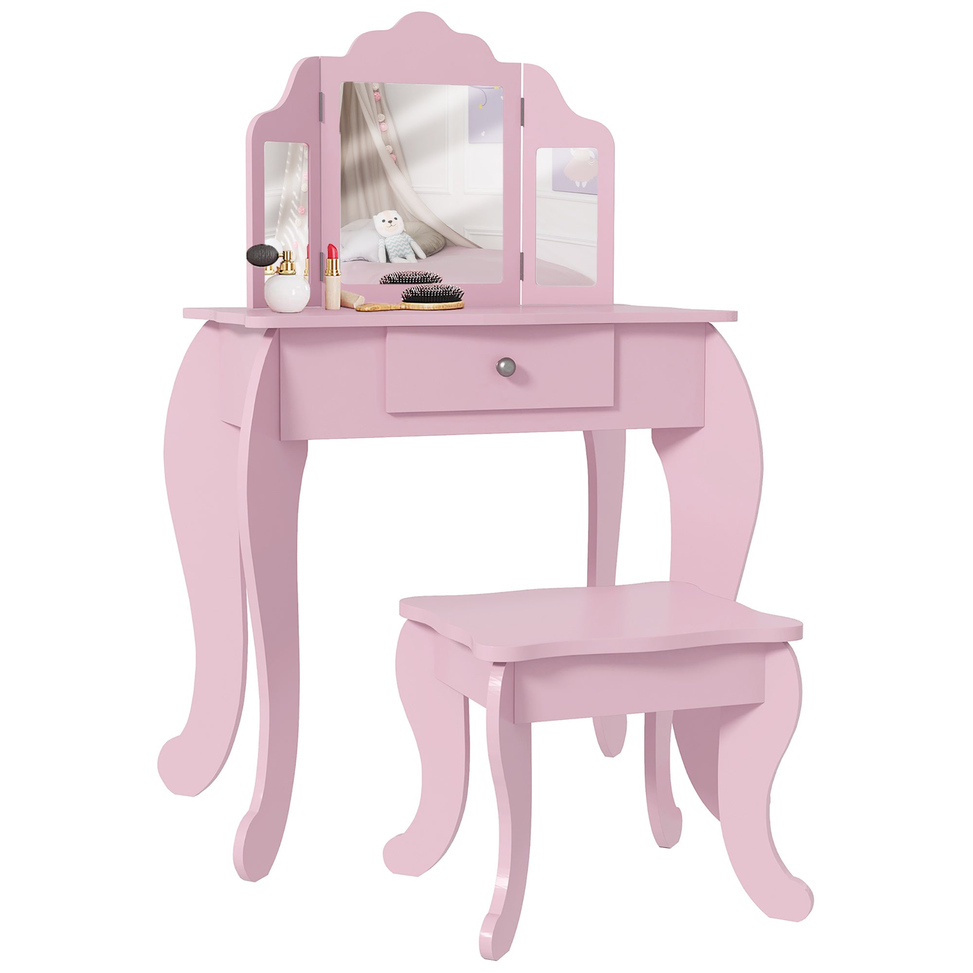 Qaba Star Heart Vanity Table: Tri-Fold Mirror, Drawer, Makeup Desk & Stool for Girls, Pink 