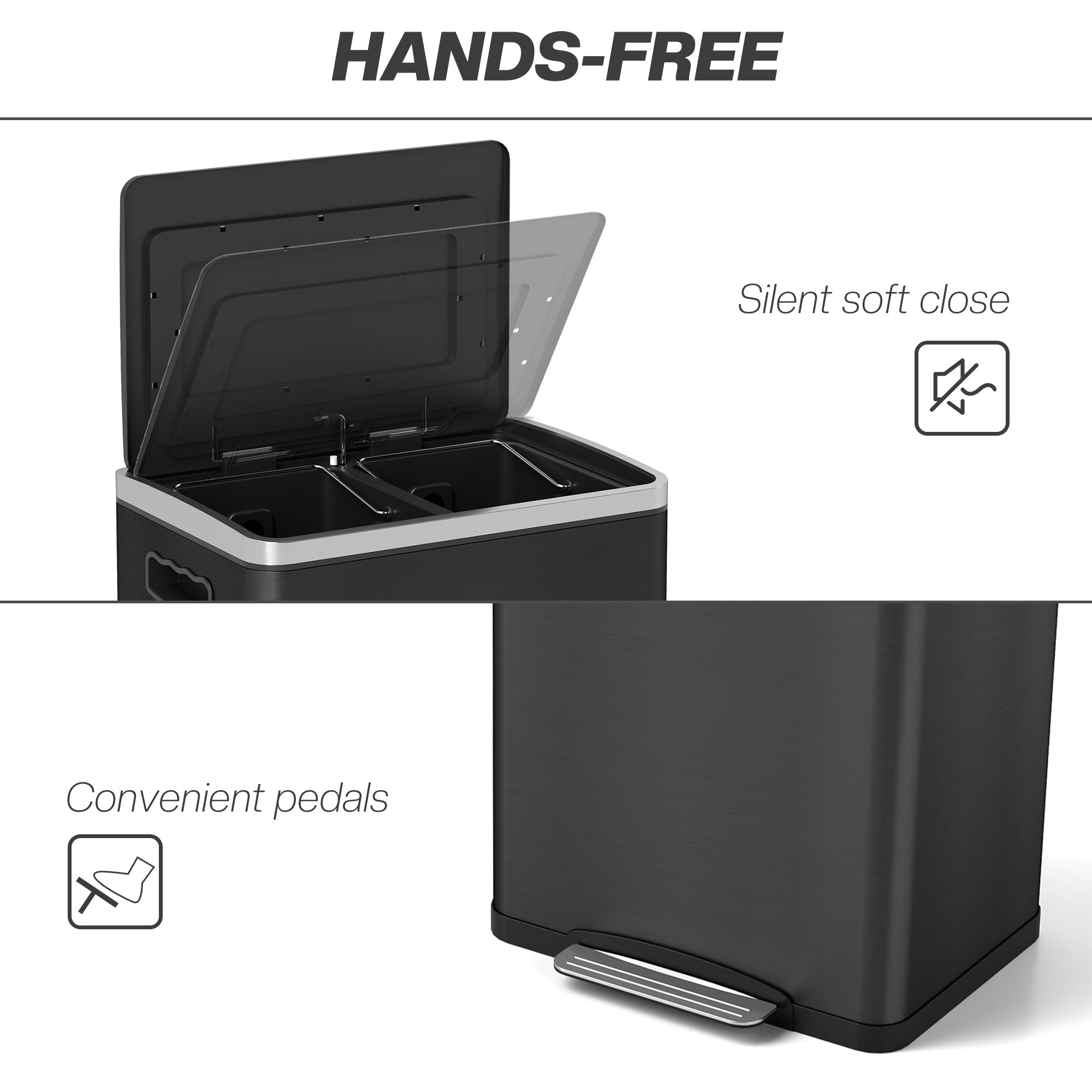 HOMCOM 2 x 20 Liter Garbage Bin, Stainless Steel Garbage Can with Soft-Close Lid and Removable Inner Buckets, Black 