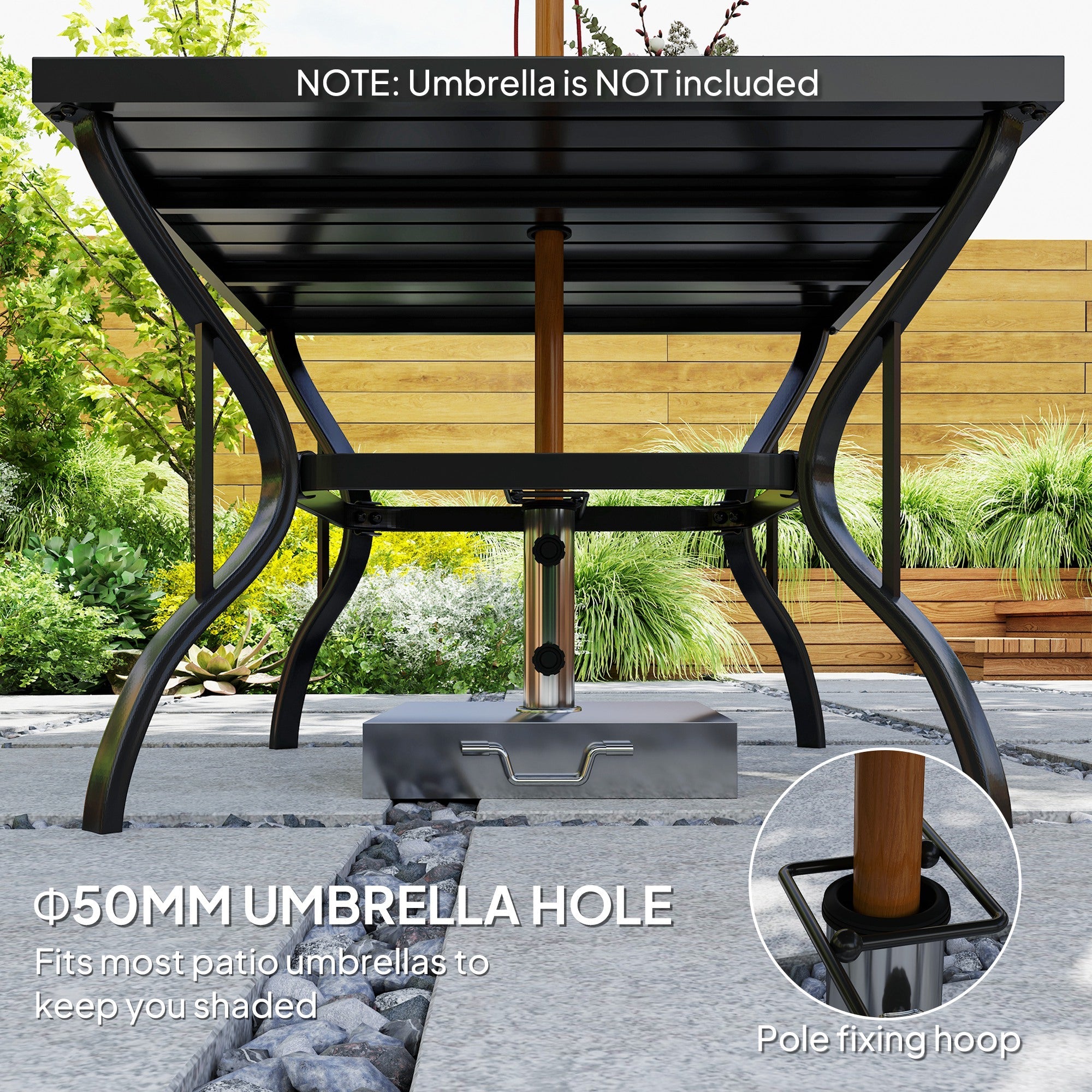 Outsunny 37" Square Outdoor Dining Table, Galvanized Steel Patio Table with 2" Umbrella Hole, Slatted Metal Top, Black 