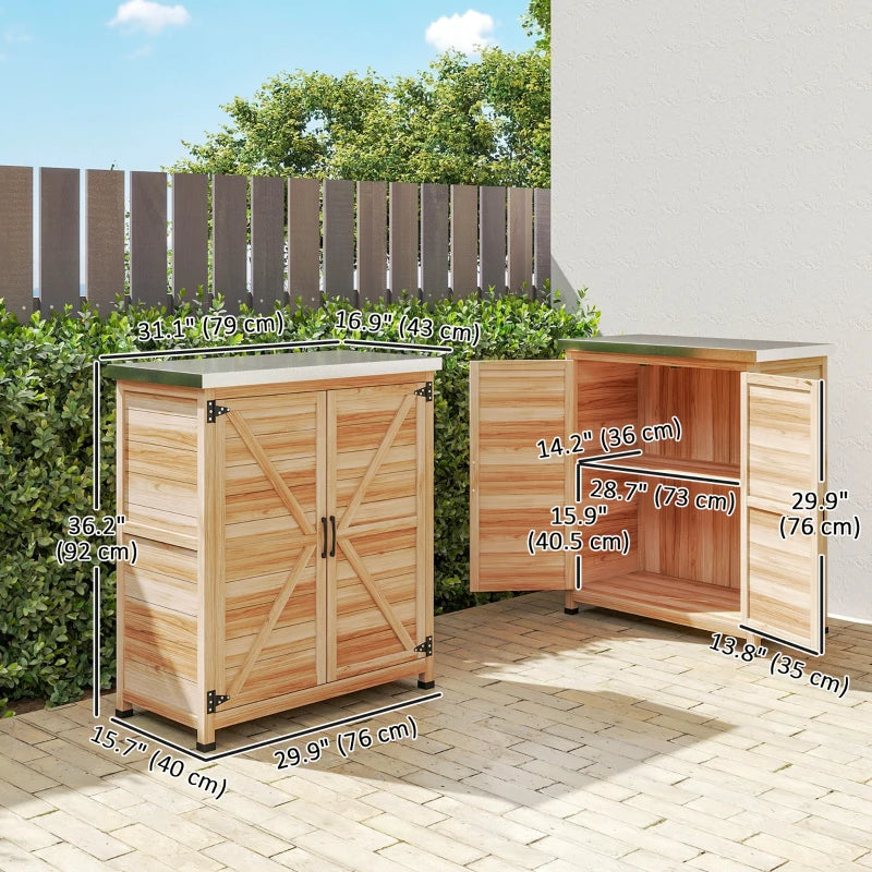Garden Storage Cabinet, Outdoor Potting Bench Table with Metal Tabletop, Shelf and Double Doors, Natural