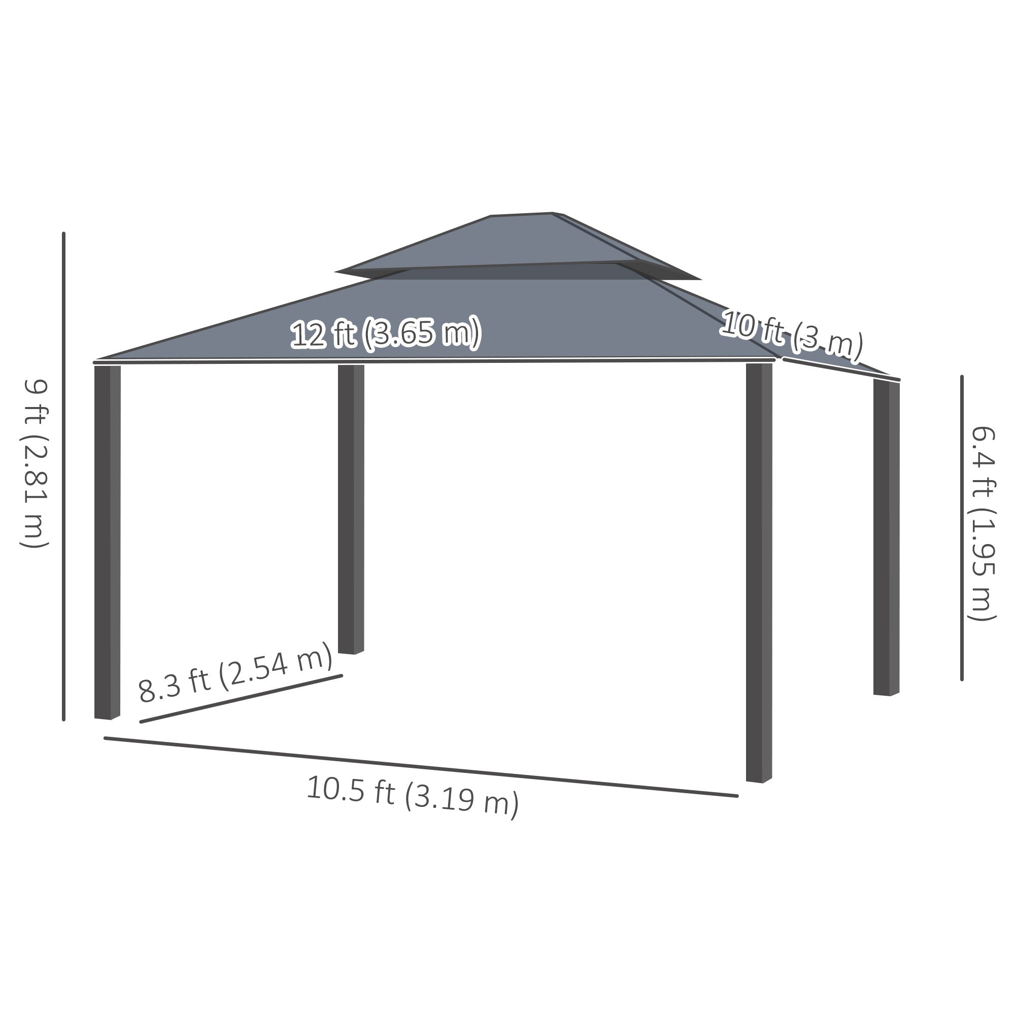 Outsunny 10' x 12' Outdoor Hardtop Gazebo with Galvanized Canopy & Netting Sidewalls for Lawn, Backyard, Dark Grey 