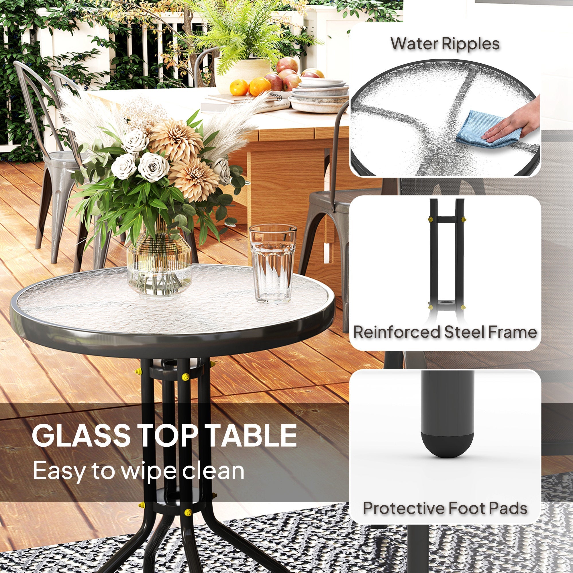 Outsunny 3 Pieces Bistro Set, Small Patio Furniture Set with Stackable Mesh Chairs, Glass Table for Garden, Balcony, Black 