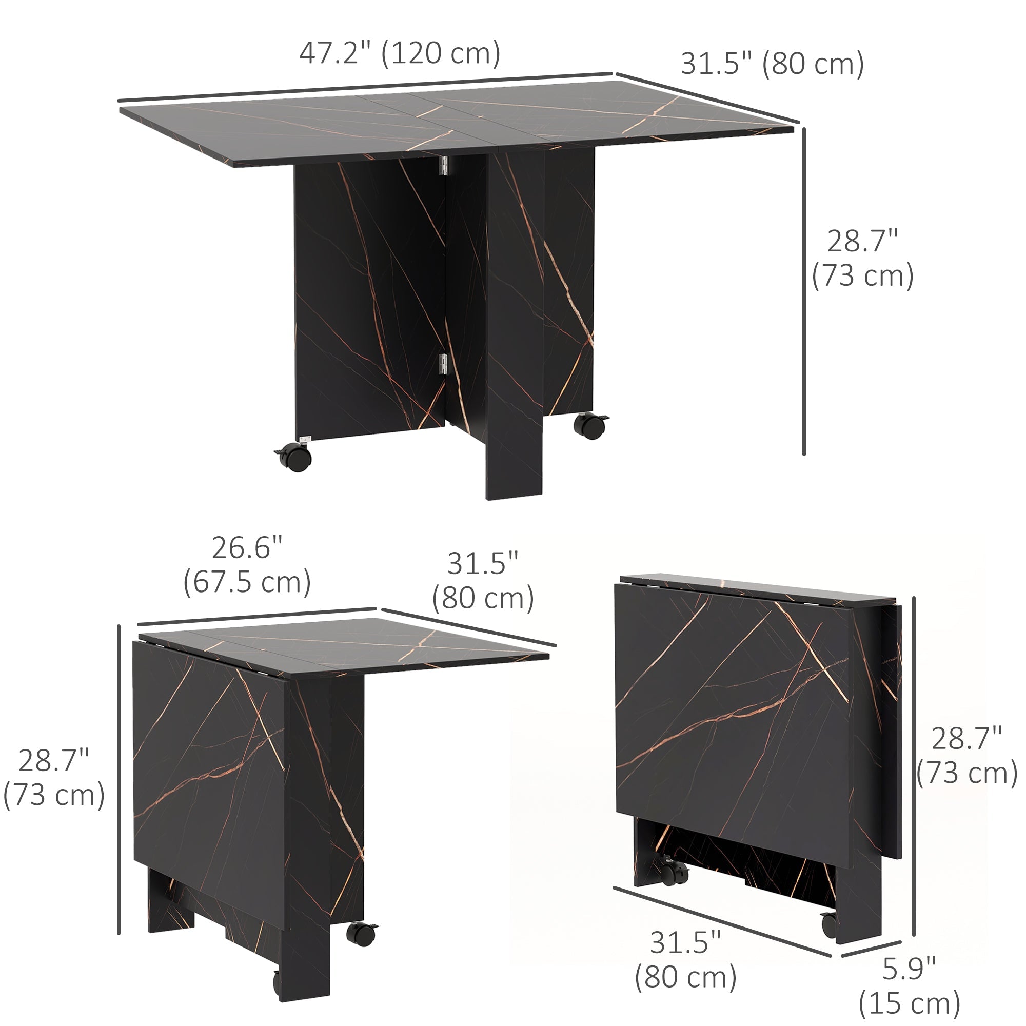 HOMCOM 6-Person Folding Dining Table with Wheels Drop Leaf Faux Marbled Black Side Table for Kitchen Dining Room 