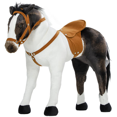 Qaba Standing Ride on Horse, Plush Pony Toy for Kids with Neighing Sound, Soft Padding, for Aged 3-8, Brown 