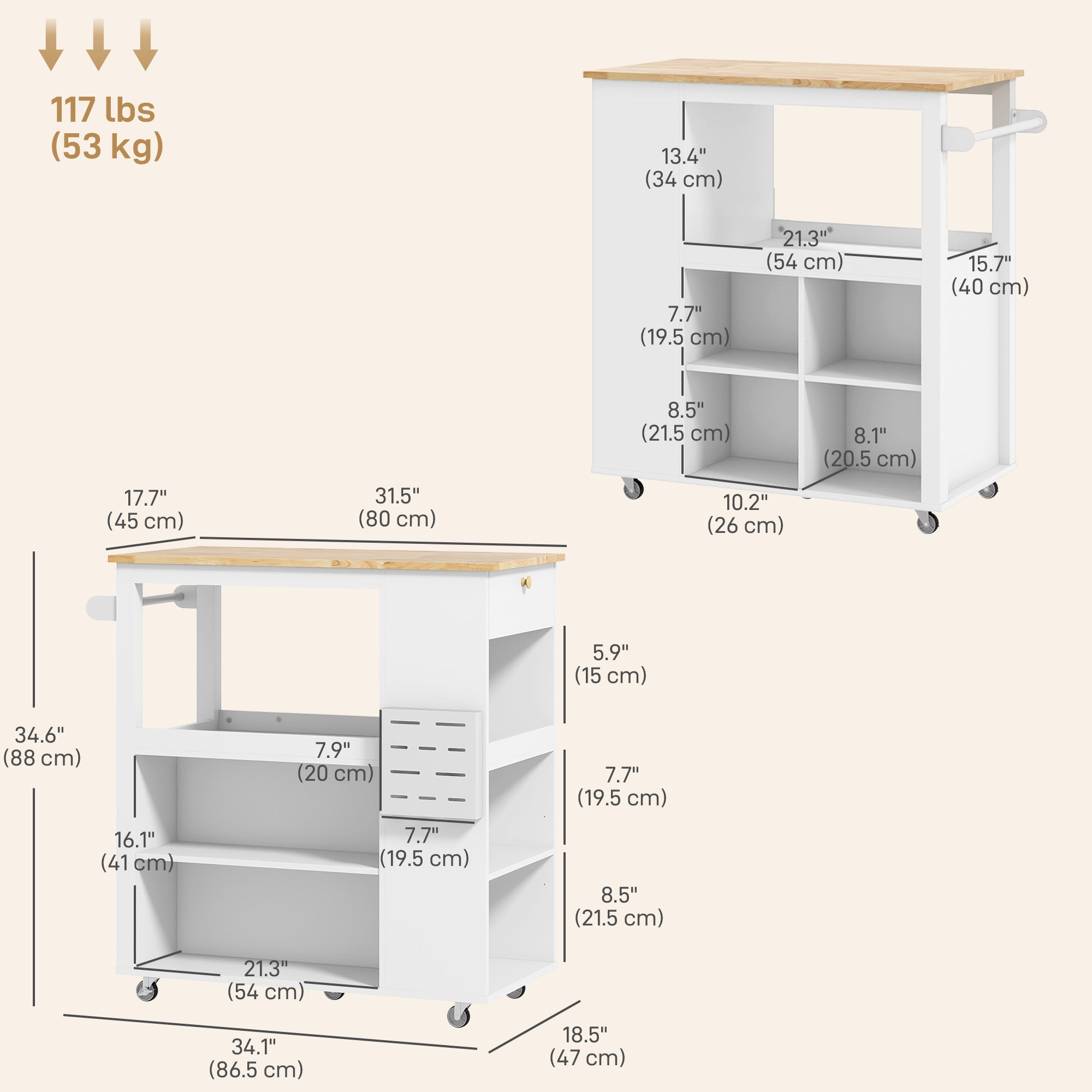 HOMCOM Kitchen Island Table Kitchen Cart with Rubberwood Top, Adjustable Shelves, Knife Rack, Towel Rack, Cabinet, White 