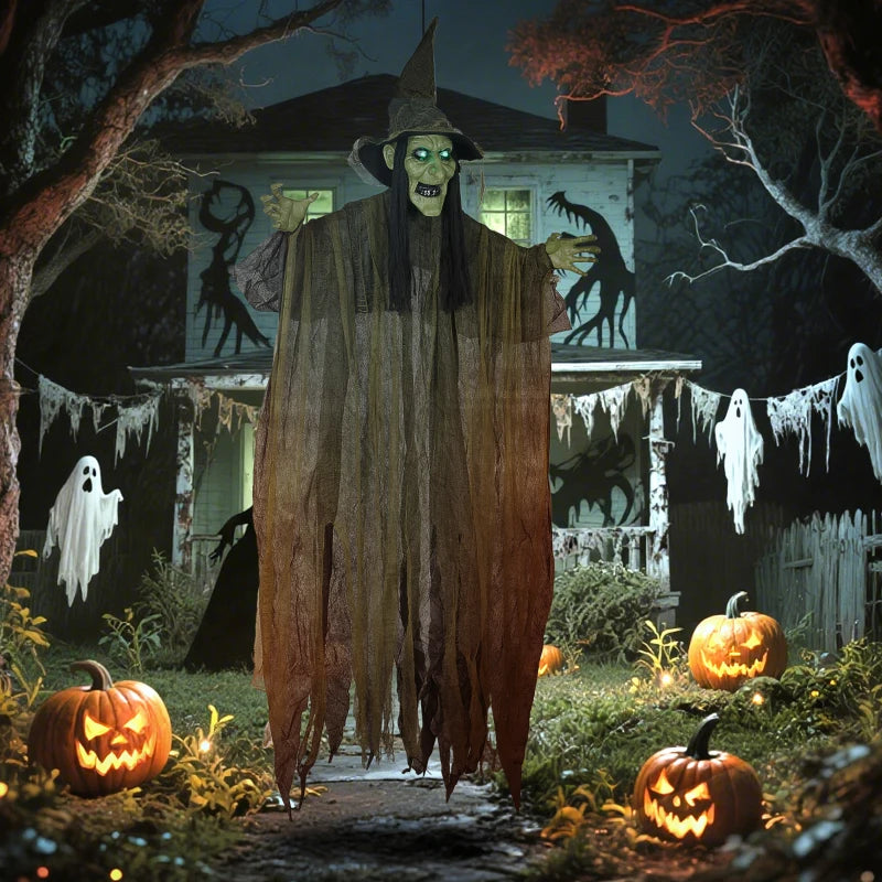 Outsunny Animated Hanging Witch – Voice-Activated, Flashing Eyes & Wicked Laughter, Green Halloween Prop 