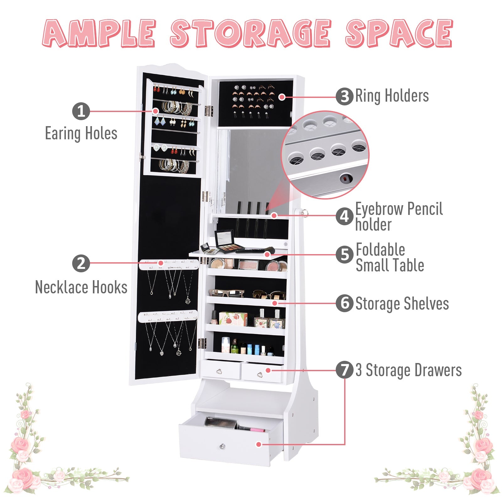 HOMCOM Standing Jewelry Armoire: With LED Lights, Full-Length Mirror, Adjustable Angle, White 