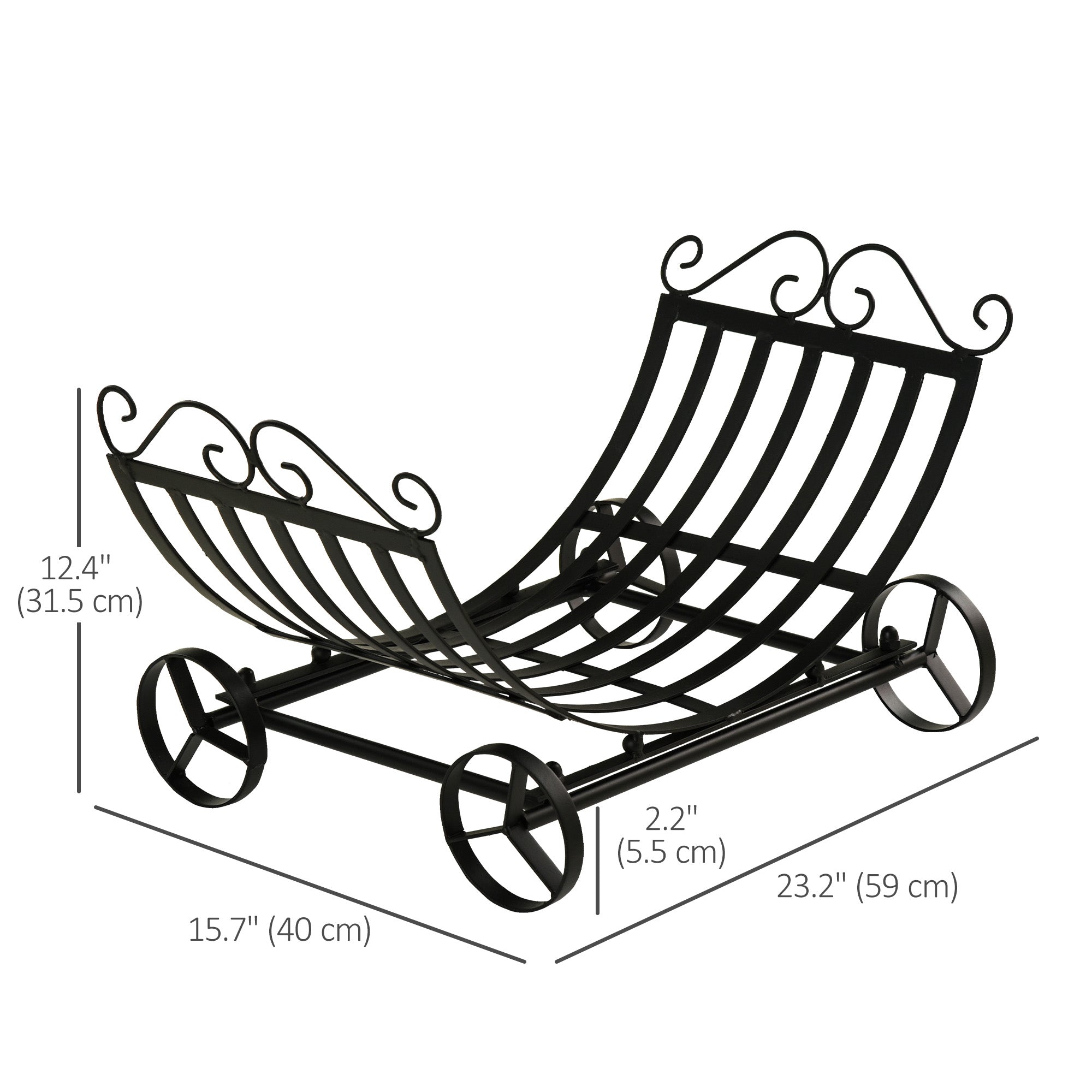 Outsunny Firewood Finesse: 23" Curved Fireplace Wood Holder, Stylish Storage with Scrolls, Indoor Outdoor, Black Finish 