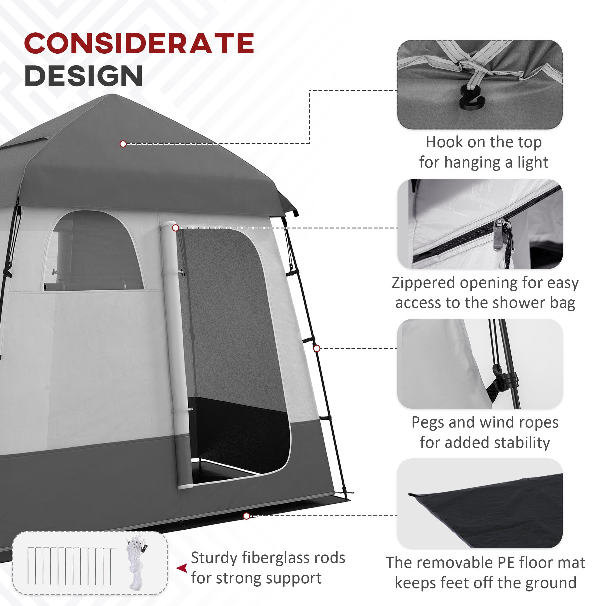 Outsunny Outdoor Portable Pop Up Shower Tent Changing Tent Privacy Enclosure with 2 Rooms, Shower Bag, Floor for Camping, Dark Grey 