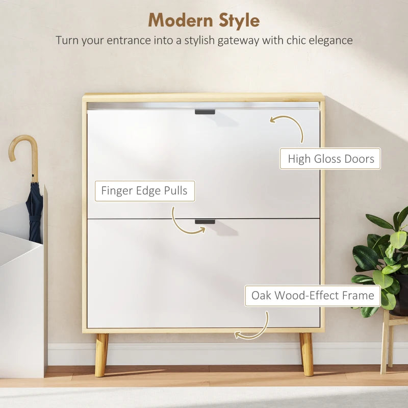 Narrow Shoe Cabinet, High Gloss Shoe Storage Cabinet with 2 Flip Drawers and Adjustable Shelves, Holds 16 Pairs, White