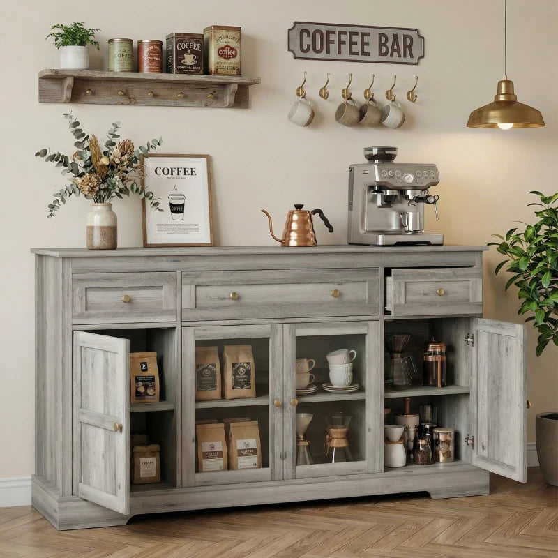 Dining Room Sideboard Buffet Cabinet with Storage, Coffee Bar Cabinet with Glass Doors and Adjustable Shelves, Weathered Grey Oak