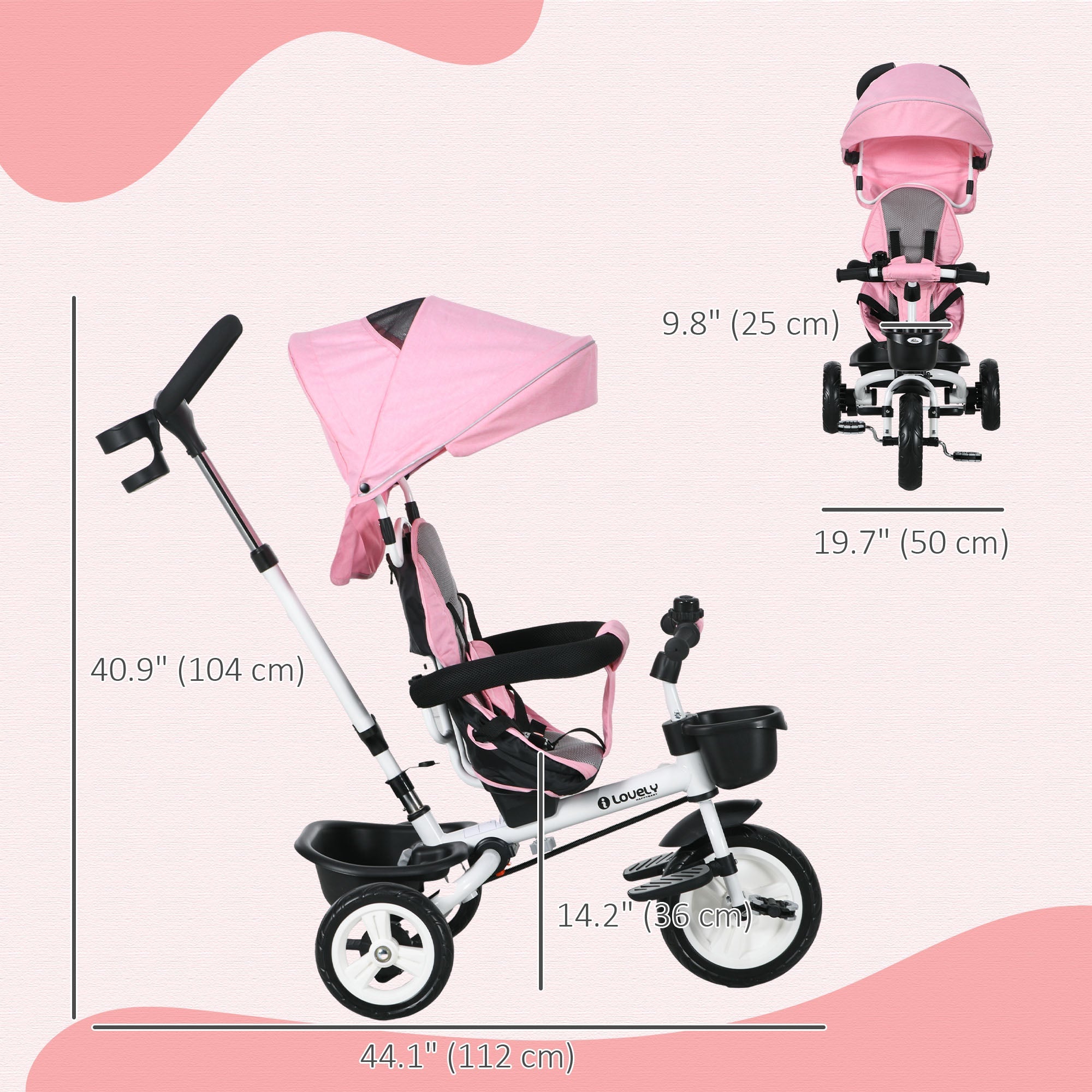 Qaba Pink 6-in-1 Toddler Tricycle with Push Handle, Canopy, Storage, Cupholder - Ideal for Outdoor Fun 