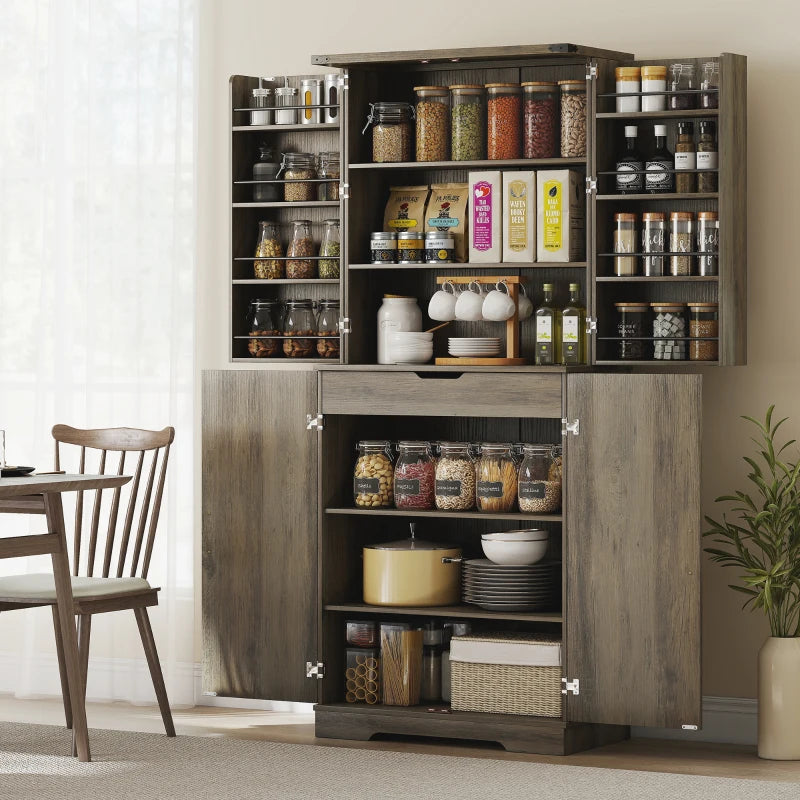 72" Kitchen Pantry Cabinet, Farmhouse Storage Cabinet with 4 Doors, Drawer, 8 Door Shelves and Adjustable Shelf, Grey