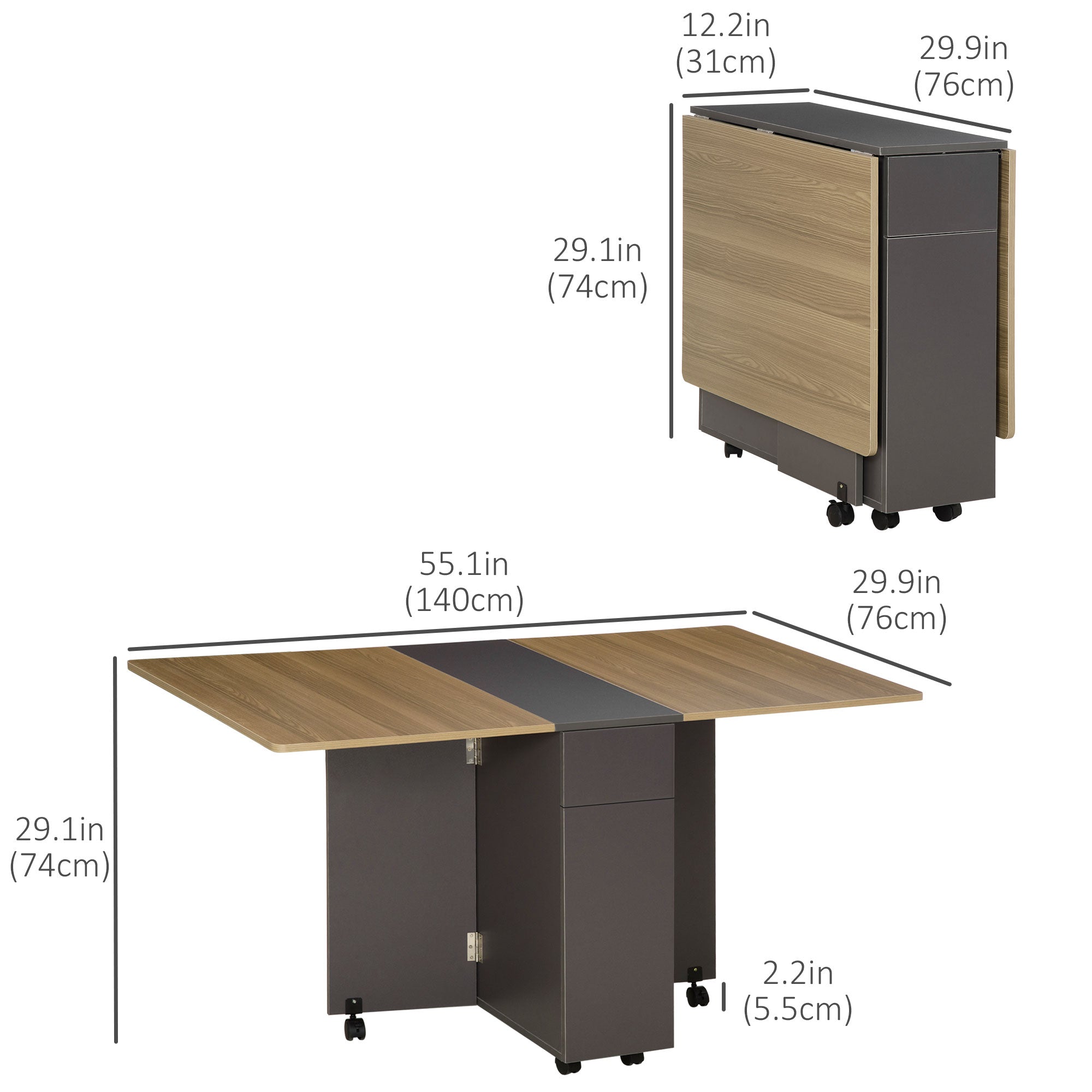 HOMCOM Extendable Dining Table Drop Leaf Design 2 Drawers Storage Cabinet Folding Space-Saving 6 Wheels 