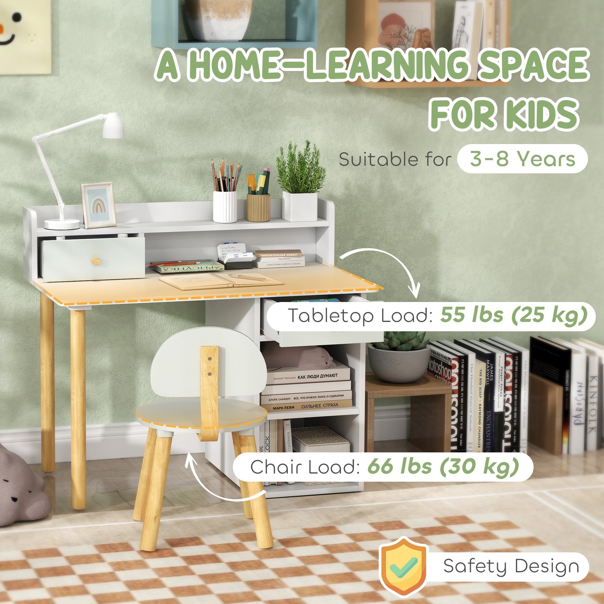 Qaba Kids Study Table and Chair Set, Kids Desk and Chair Set w/ Storage and Shelves, for 3-8 Year Old, Green 