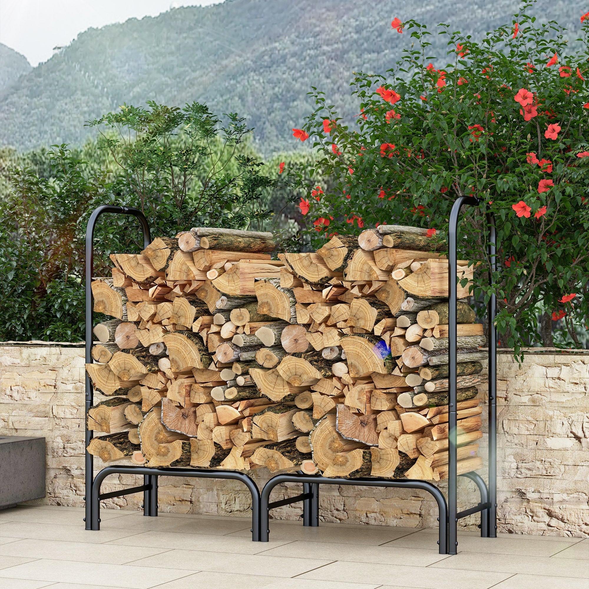 Outsunny 4ft Outdoor Firewood Rack with Cover, Adjustable Wood Storage Holder, Indoor Outdoor Log Rack, Black 