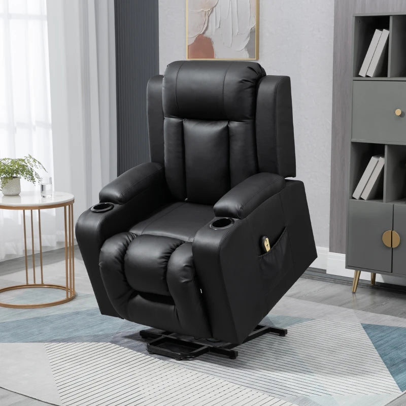 Power Lift Recliner Chair for Elderly, PU Leather Electric Recliner Chair with Footrest, Remote Control, Side Pockets and Cup Holders for Living Room, Black