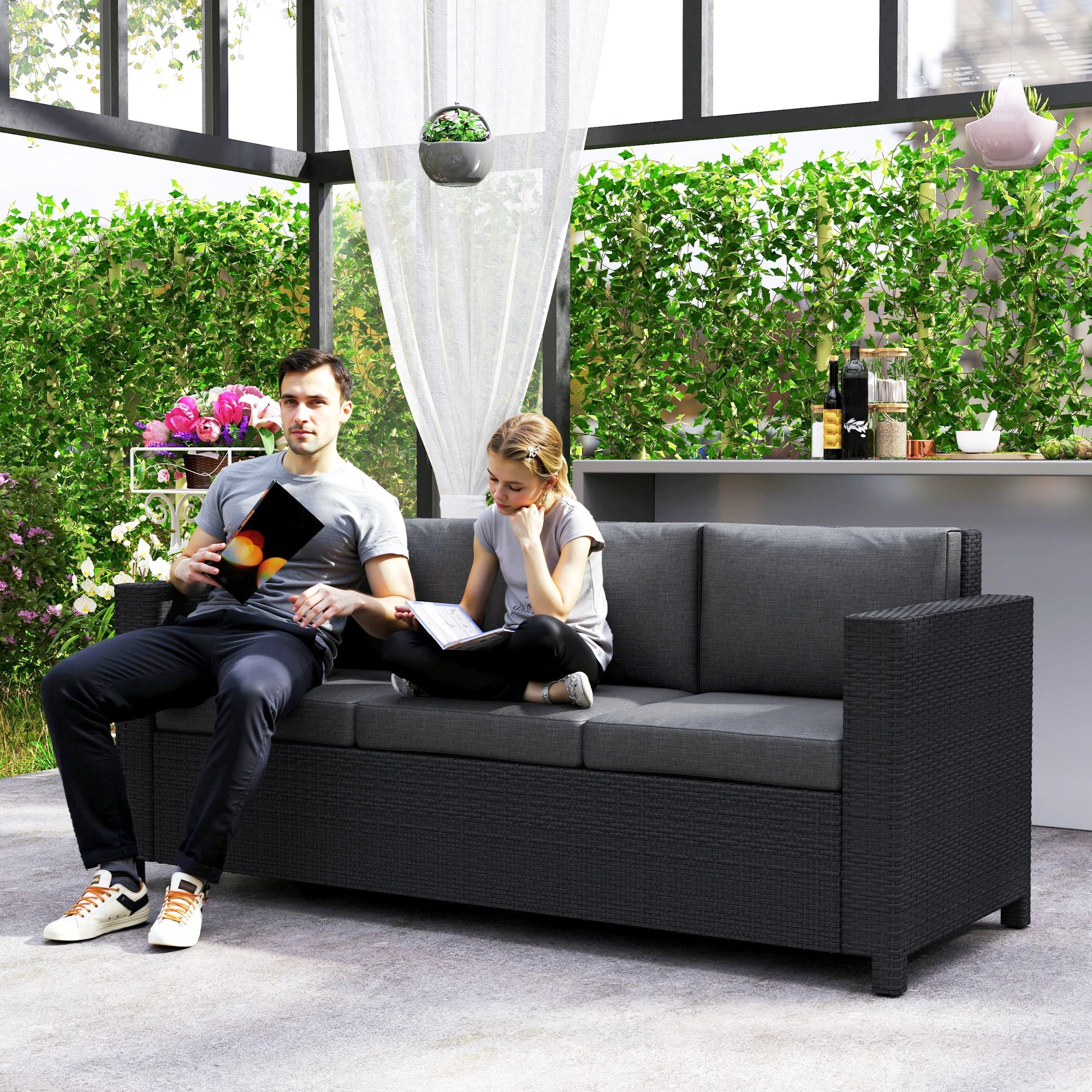Outsunny Deluxe 3 Seat Rattan Wicker Sofa Garden Outdoor Patio Furniture with Cushion, Grey 