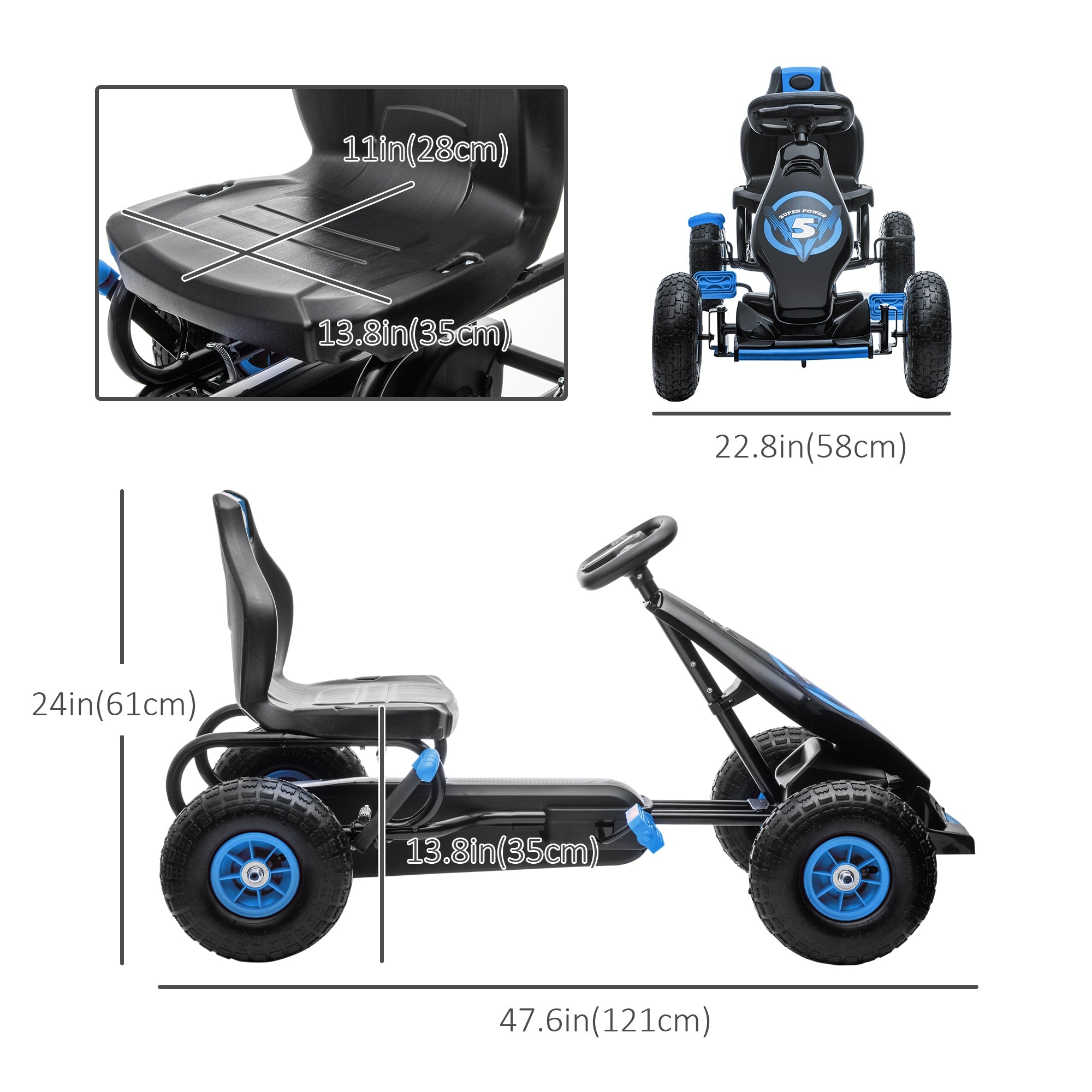 Aosom Kids Pedal Go Kart Ergonomic Adjustable Seat Rubber Wheels Shock Absorb Safety Hand Brake Ages 5-12 Blue 
