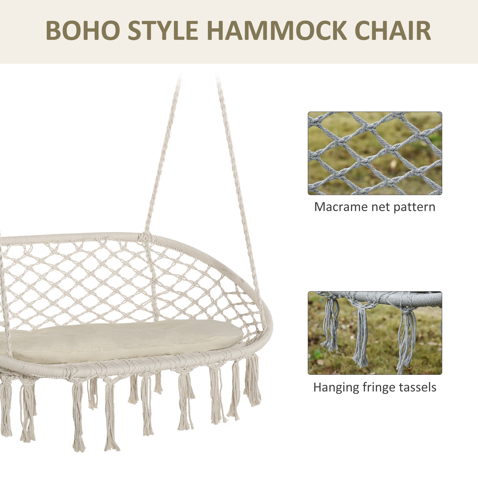 Outsunny Patio Hammock Chair 2 Seat, Hanging Rope Hammock Swing Chair with Metal Frame and Cushion, Large Macrame Seat for Indoor and Outdoor 396 lbs Capacity, Cream White 