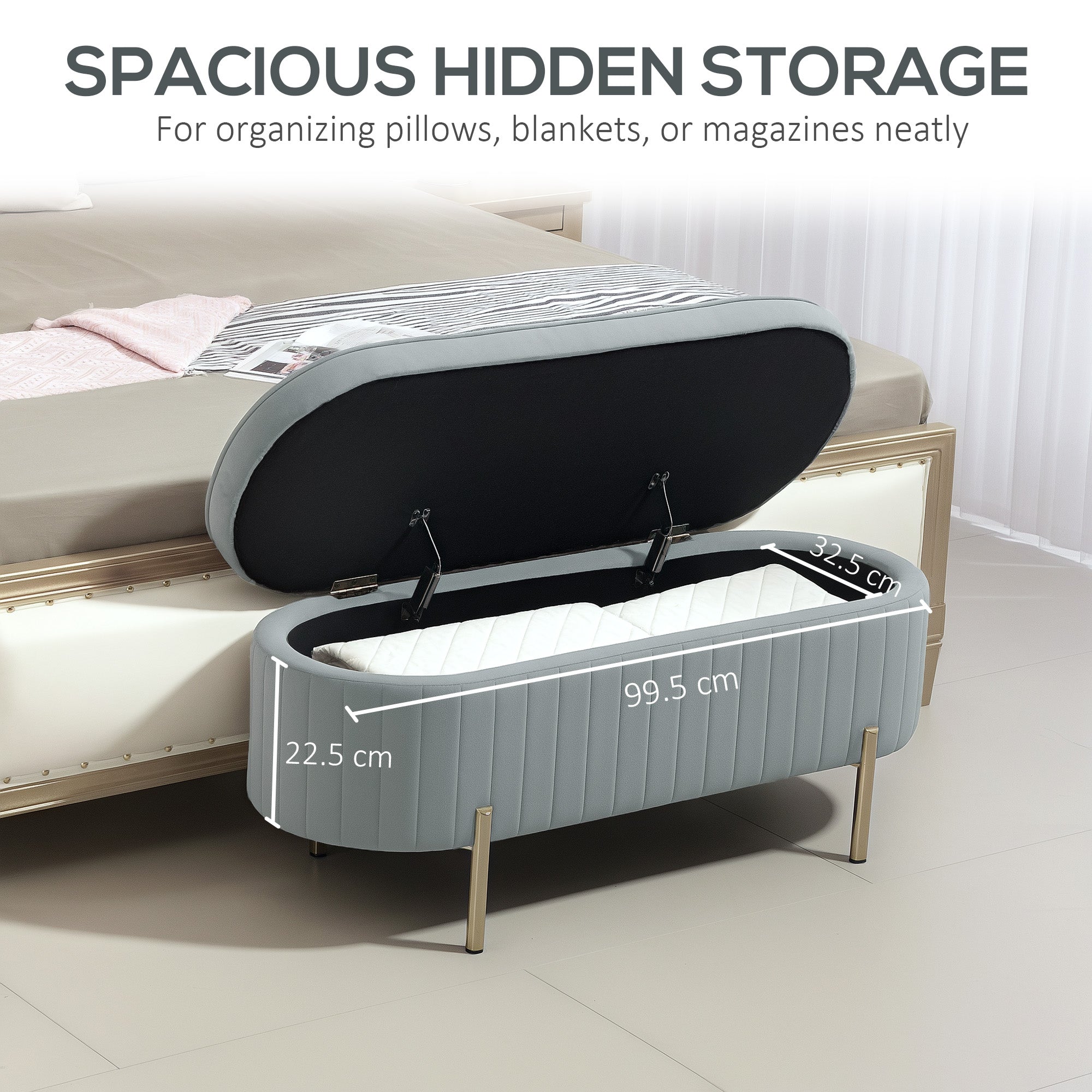 HOMCOM Upholstered Bedroom Bench, Channel Tufted Ottoman Bench with Thick Padding and Metal Legs, Grey 