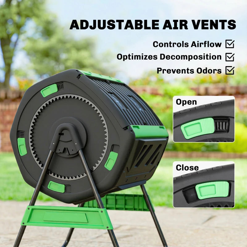 Compost Bin Outdoor, 53 Gal Dual Chamber Tumbling Composter with Adjustable Vents, BPA Free Tumbling Composter, Green